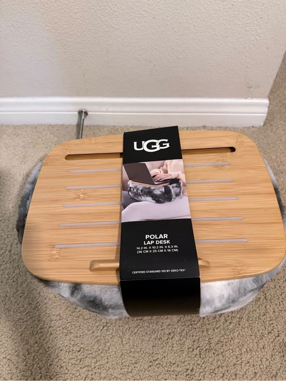 UGG Polar Lap Desk Gray Faux Fur Bamboo Laptop Cushion NWT